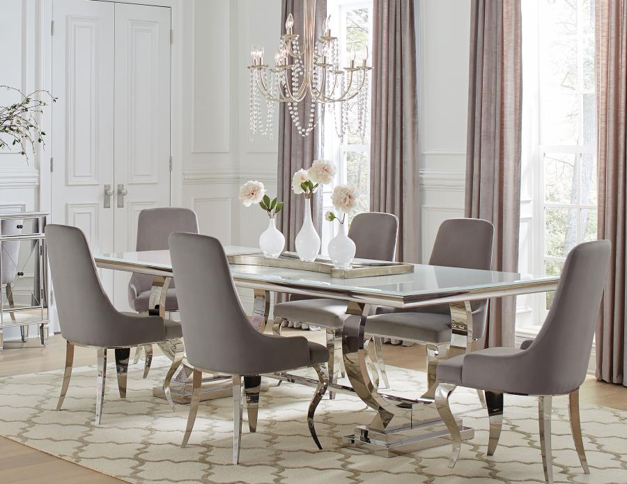 7PC OPAQUE WHITE GLASS TOP DINING TABLE WITH GRAY VELVET CHAIRS