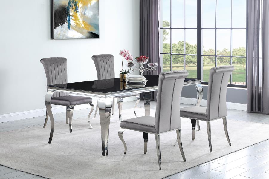 5PC BLACK GLASS, CHROME & GRAY VELVET DINING SET