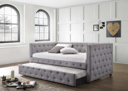 TUFTED GRAY DAYBED WITH TRUNDLE & NAILHEAD TRIM