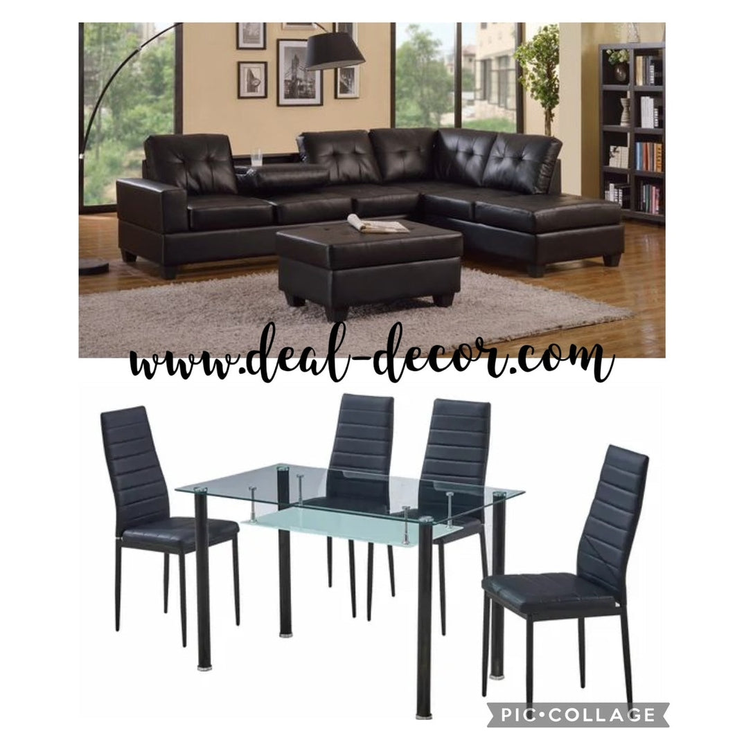 2303/1300 COMBO BLACK LEATHER SECTIONAL WITH OTTOMAN & 5PC DINING!!