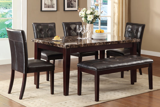 6PC ESPRESSO FAUX MARBLE DINING W/BENCH