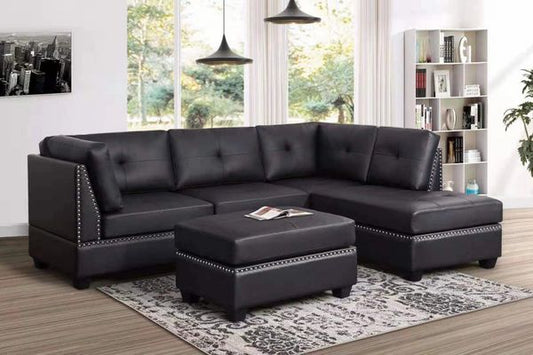 #2888 BLACK LINEN-LIKE SECTIONAL WITH NAIL HEAD & STORAGE OTTOMAN