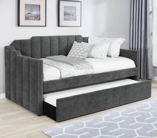 CHARCOAL GRAY VELVET DAYBED WITH TRUNDLE & NAILHEAD TRIM