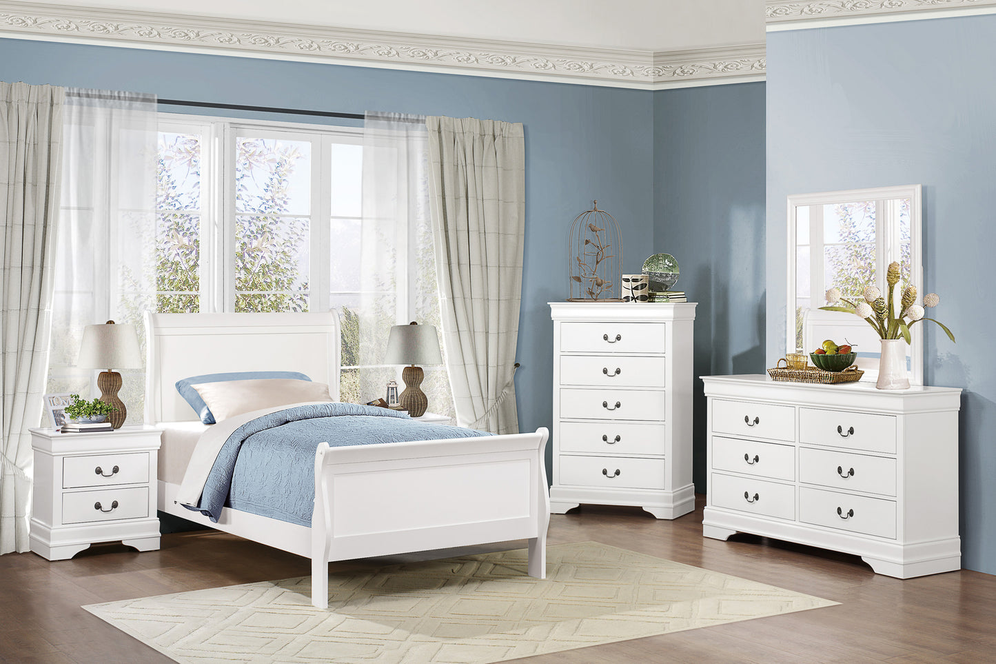 TWIN WHITE LOUIS PHILIPPE SLEIGH BEDROOM (B,D,M,N)