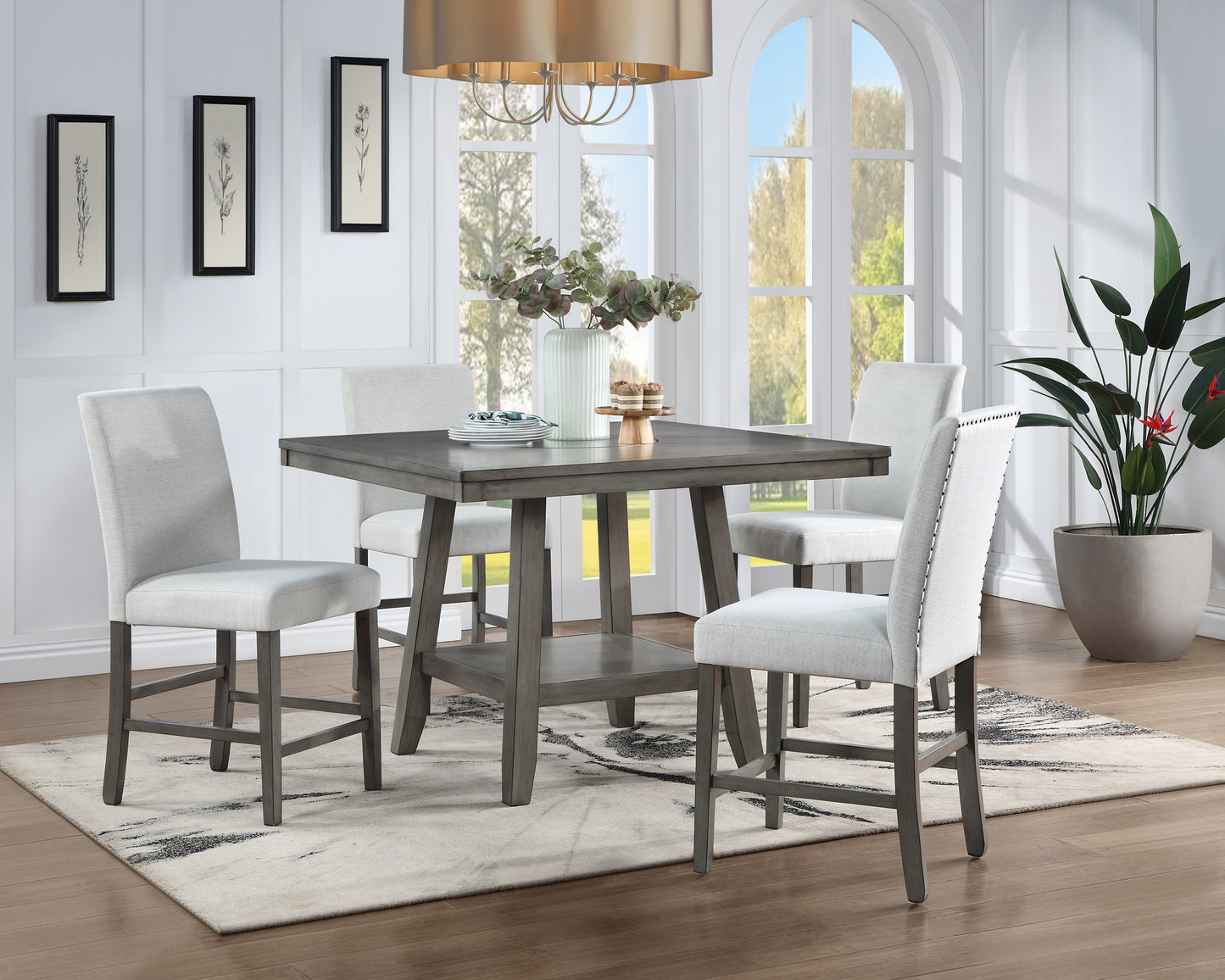 5PC GRAY SQUARE TABLE W/LAZY SUSAN AND LIGHT GRAY CHAIRS