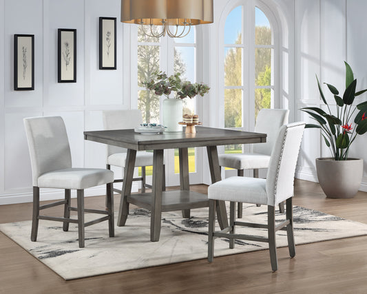 5PC GRAY SQUARE TABLE W/LAZY SUSAN AND LIGHT GRAY CHAIRS