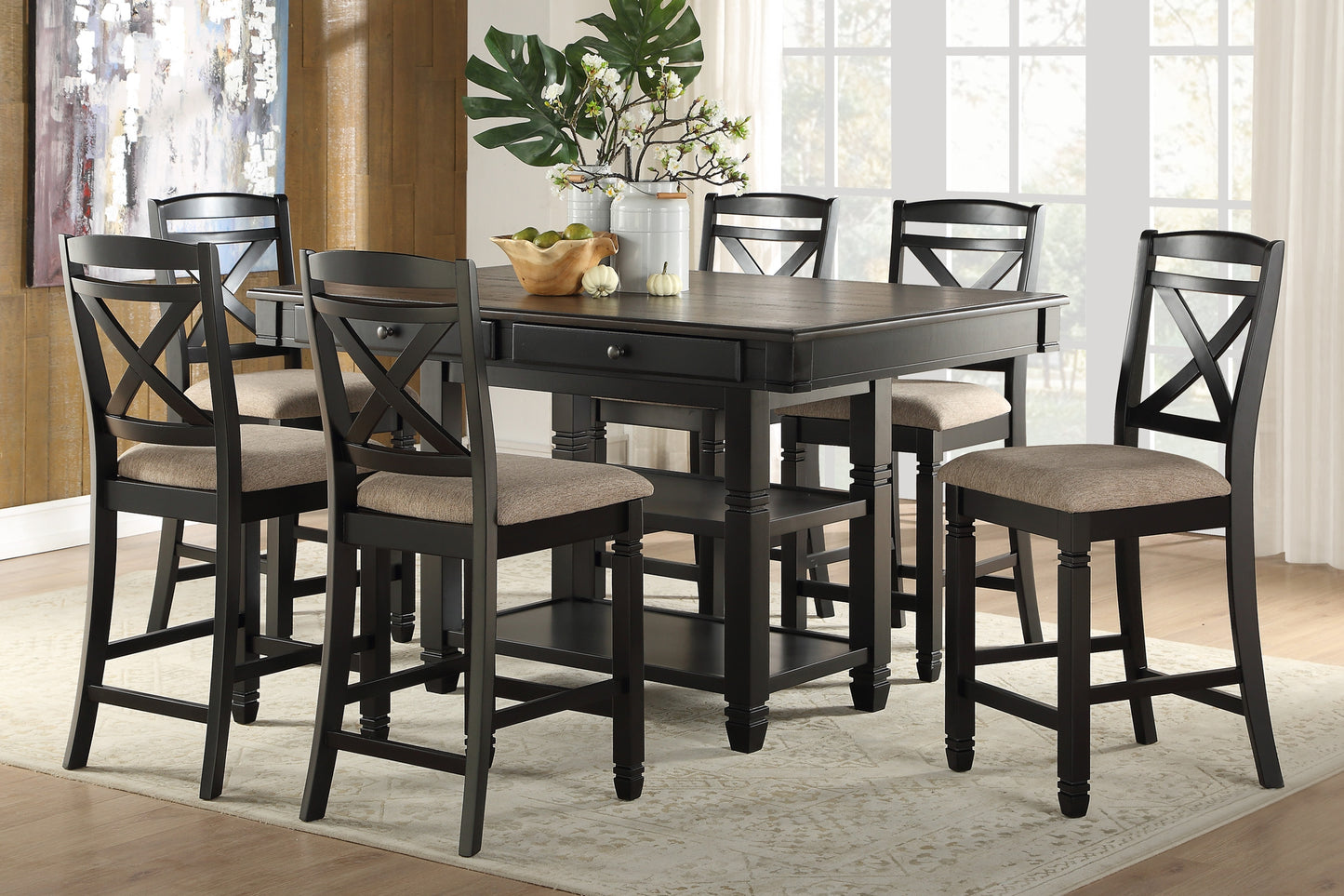 7PC BLACK & NATURAL TWO-TONE DINING SET