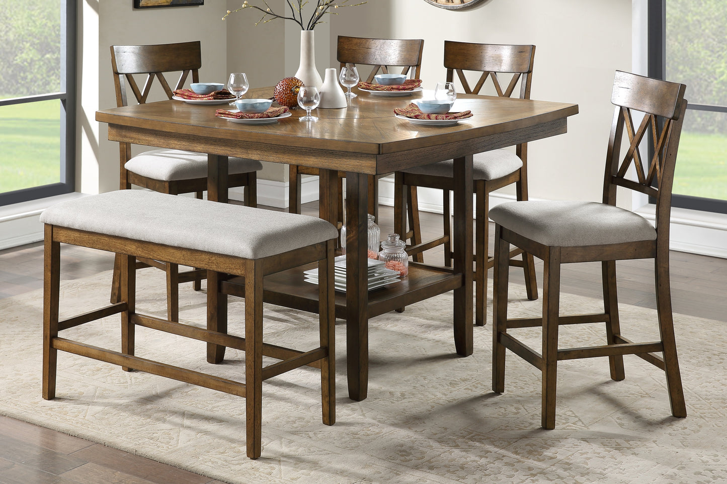 6PC OAK & BEIGE SQUARE DINING SET W/LAZY SUSAN