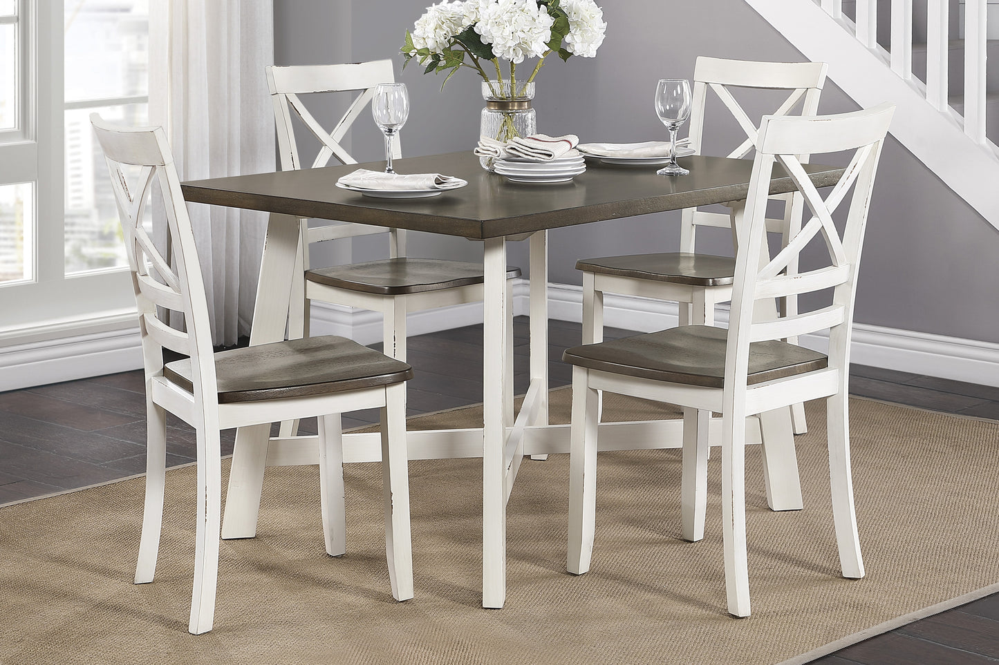 5PC ANTIQUE WHITE & CHERRY DINING SET