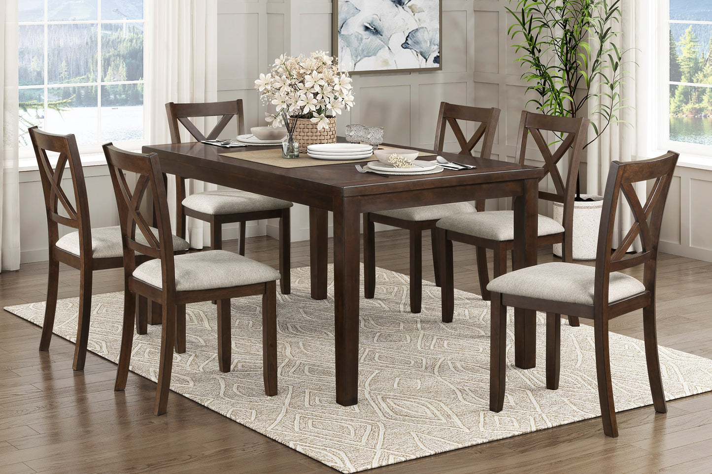 7PC DARK CHERRY & BEIGE DINING SET