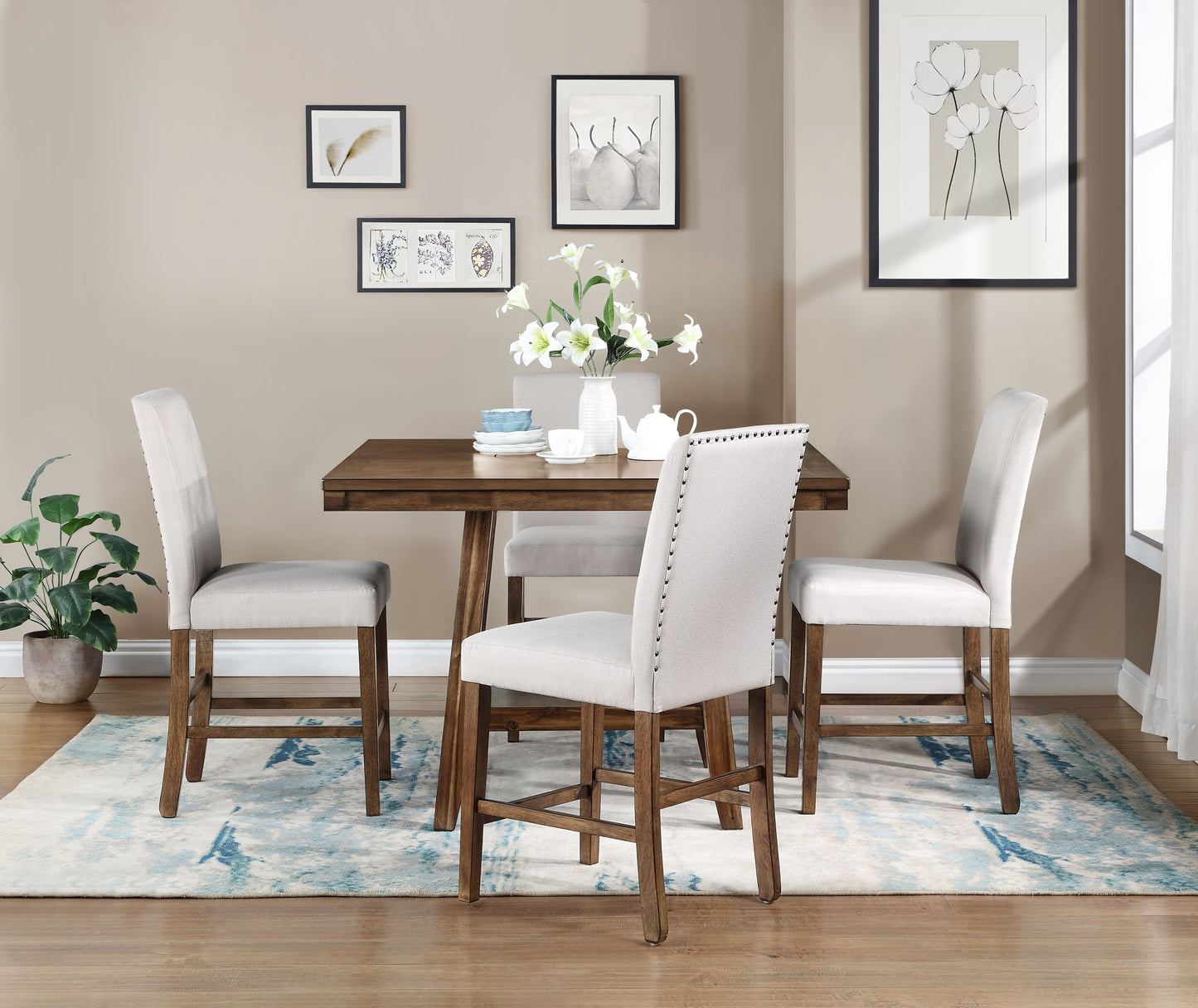 5PC BROWN SQUARE TABLE W/LAZY SUSAN AND BEIGE CHAIRS