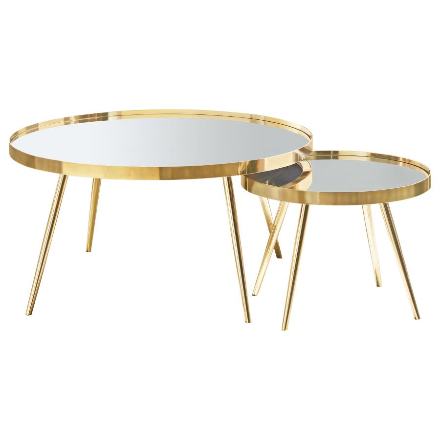 Kaelyn 2-piece Round Mirror Top Nesting Coffee Table Gold