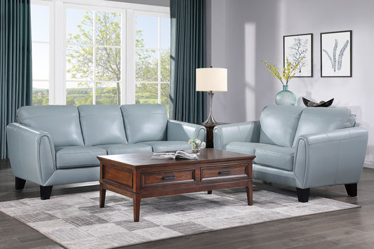 2 PC SPIVEY COLLECTION AQUA-HUED TOP GRAIN LEATHER SOFA AND LOVESEAT