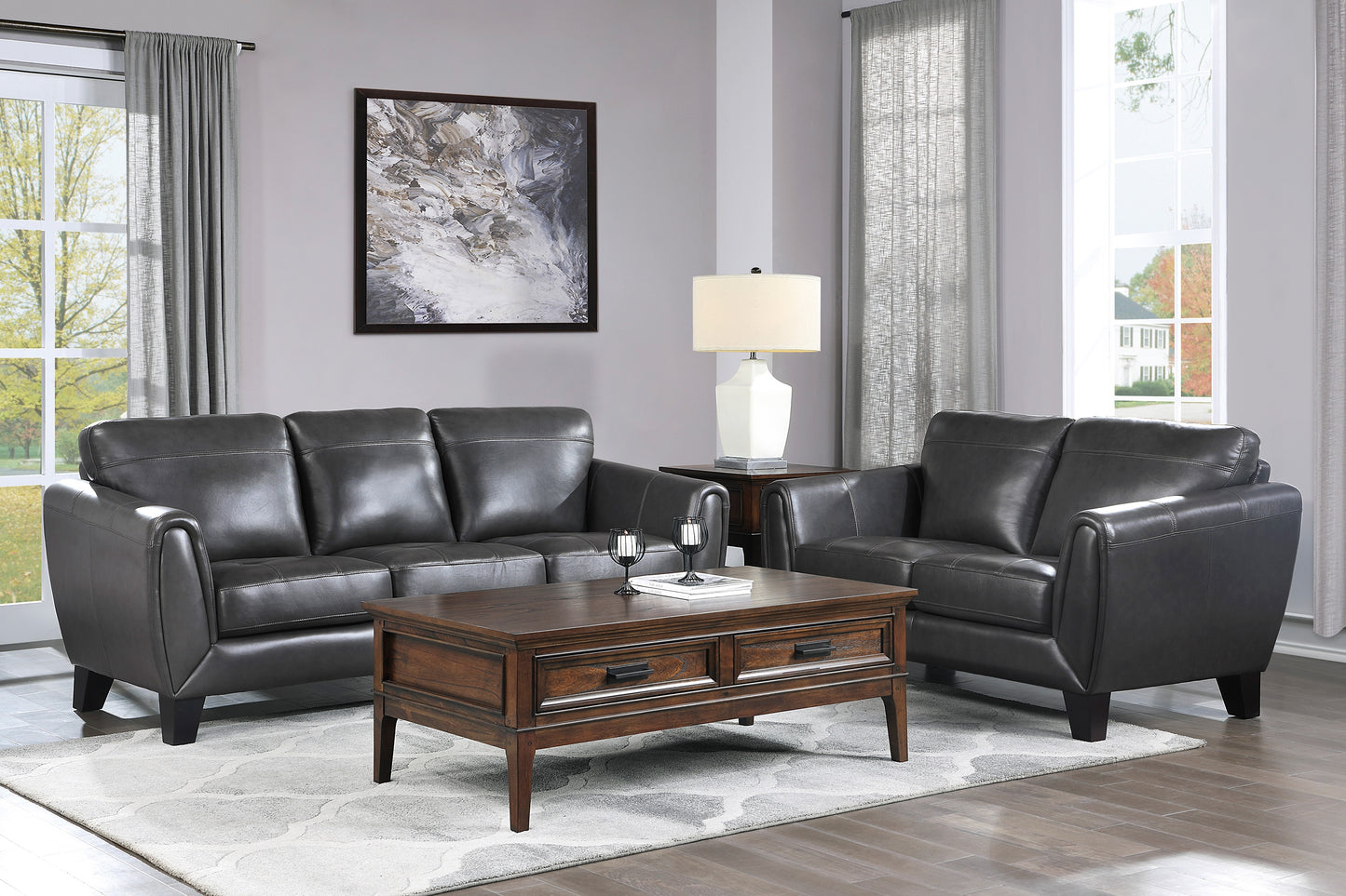 2 PC SPIVEY COLLECTION DARK GRAY TOP GRAIN LEATHER SOFA AND LOVESEAT