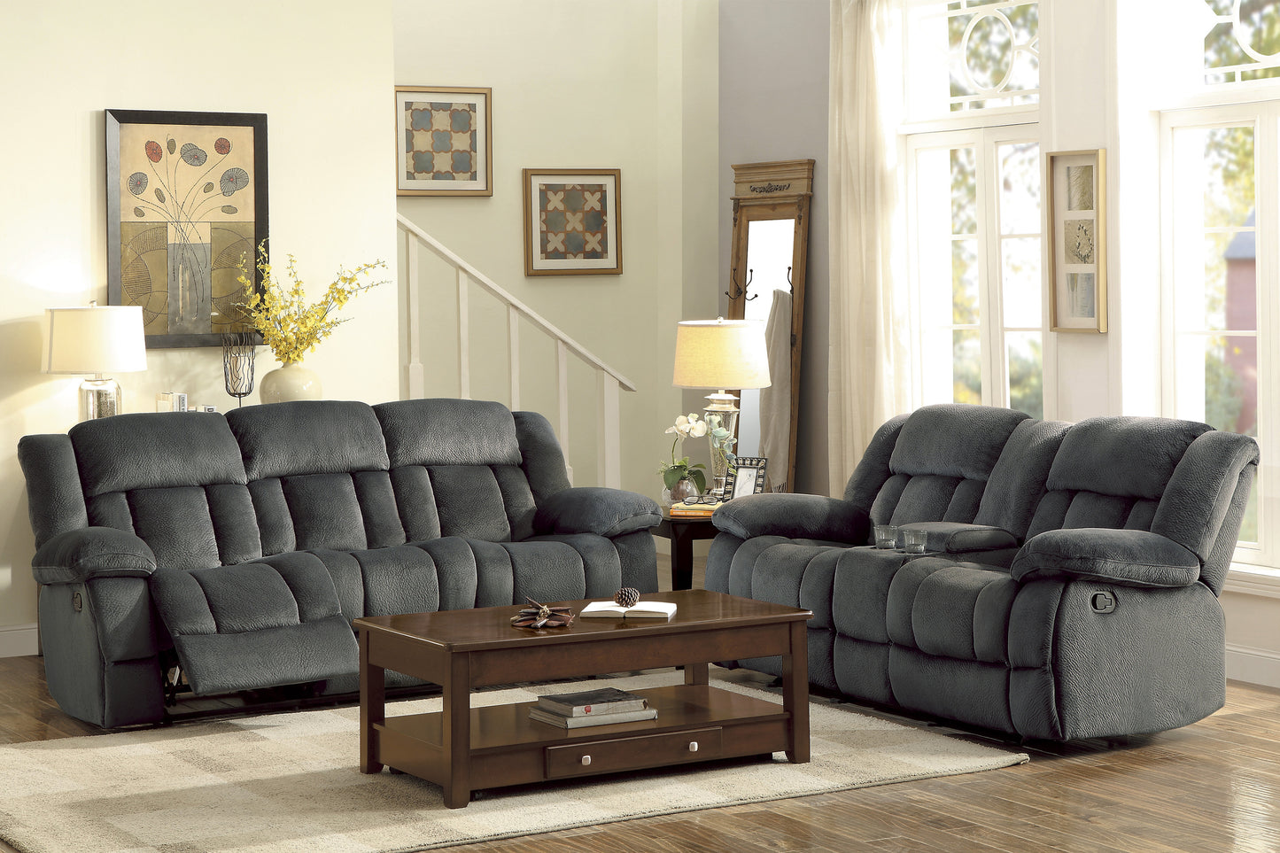 2 PC LAURELTON COLLECTION RECLINING SOFA AND LOVESEAT CHARCOAL