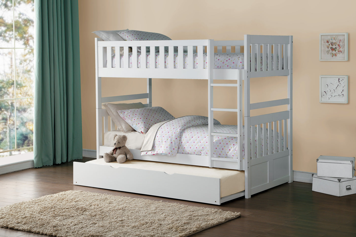 TWIN/TWIN WHITE BUNK BED W/TRUNDLE