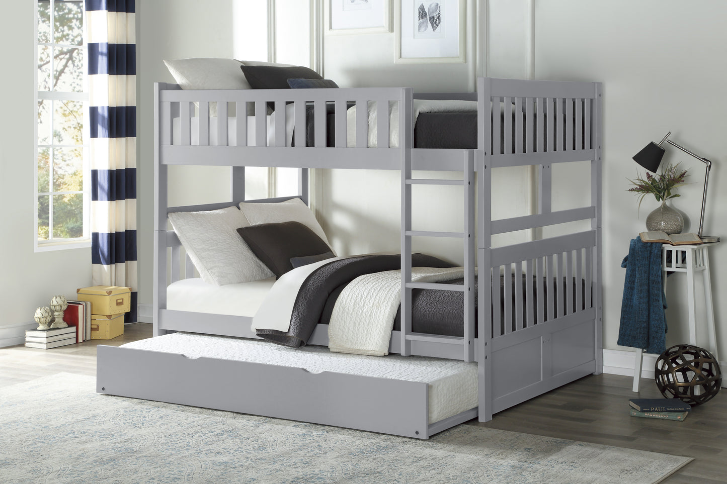 FULL/FULL GRAY BUNK BED W/TRUNDLE