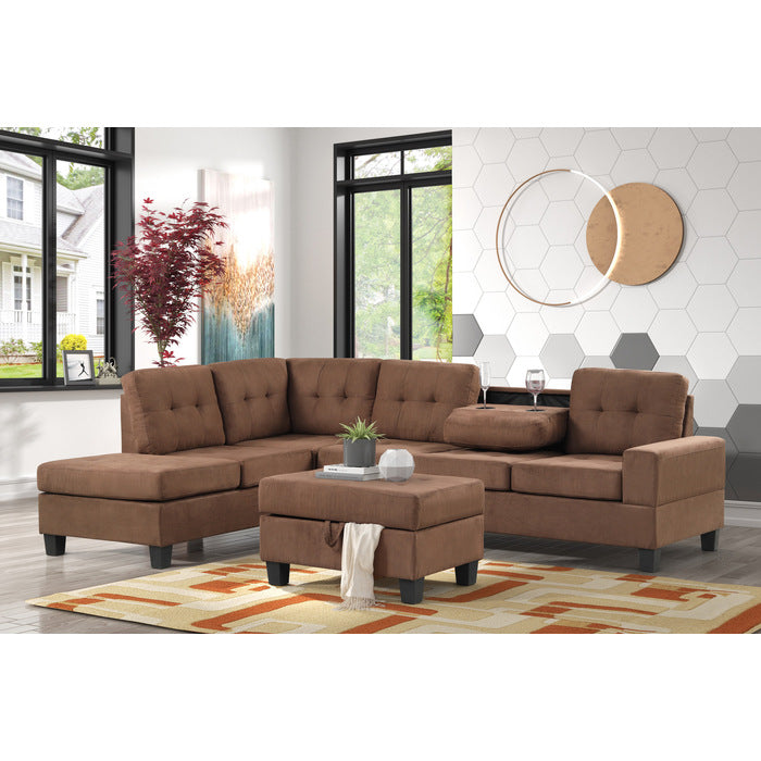 CHOCOLATE MICROFIBER SECTIONAL WITH STORAGE OTTOMAN