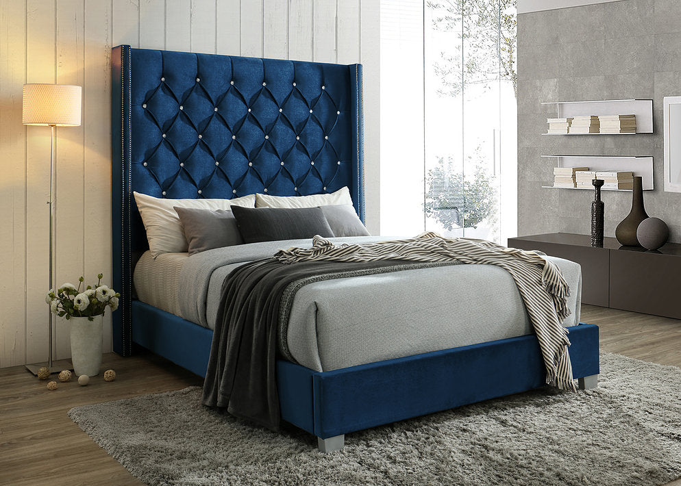 #7185Q-17 QN MEGAN BLUE VELVET BED FRAME