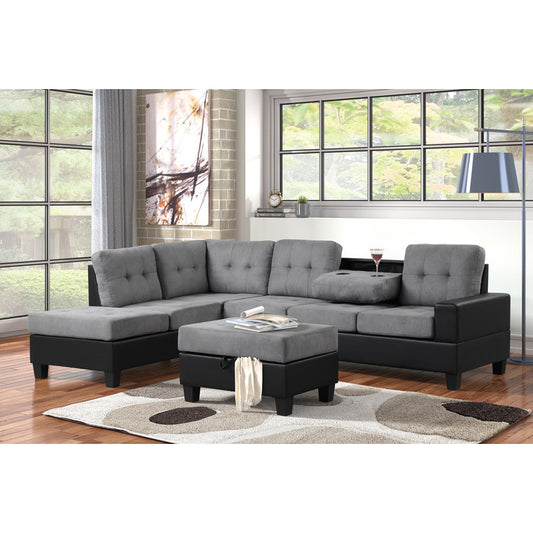 GRAY & BLACK MICROFIBER SECTIONAL WITH STORAGE OTTOMAN