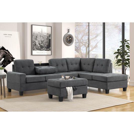 GRAY MICROFIBER SECTIONAL WITH STORAGE OTTOMAN