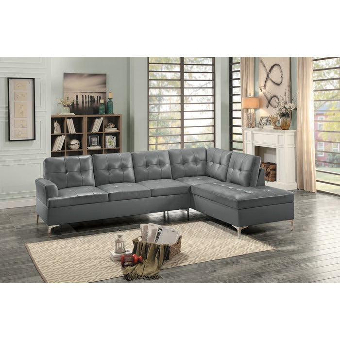 GRAY TUFTED SECTIONAL WITH SILVER LEGS