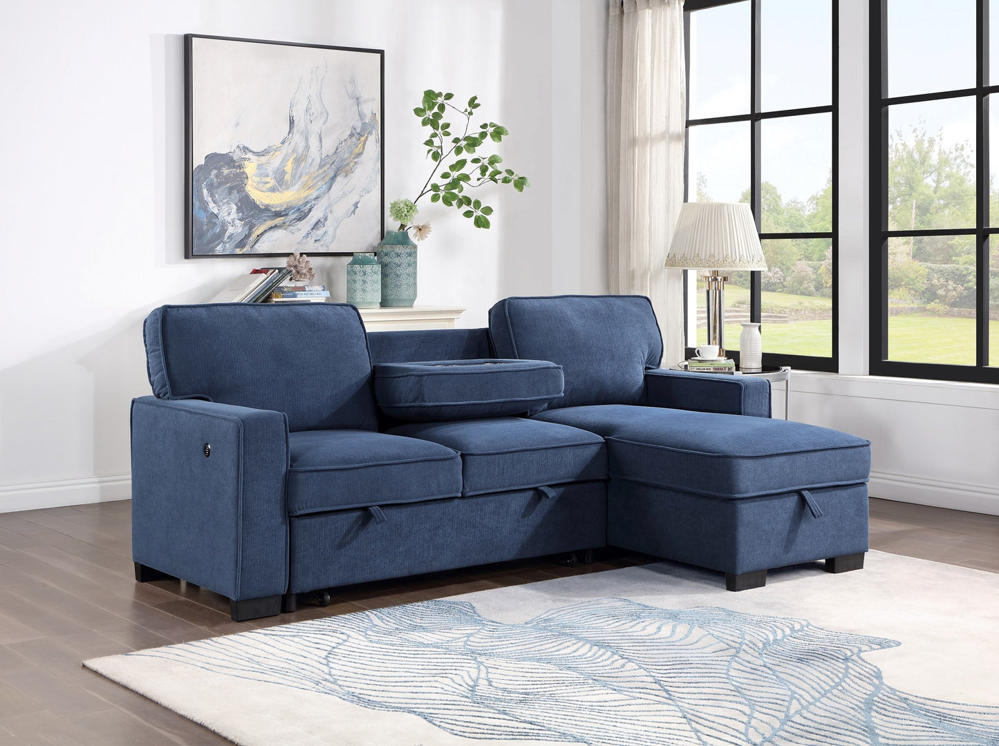 BLUE SLEEPER SECTIONAL WITH STORAGE & CUPHOLDER