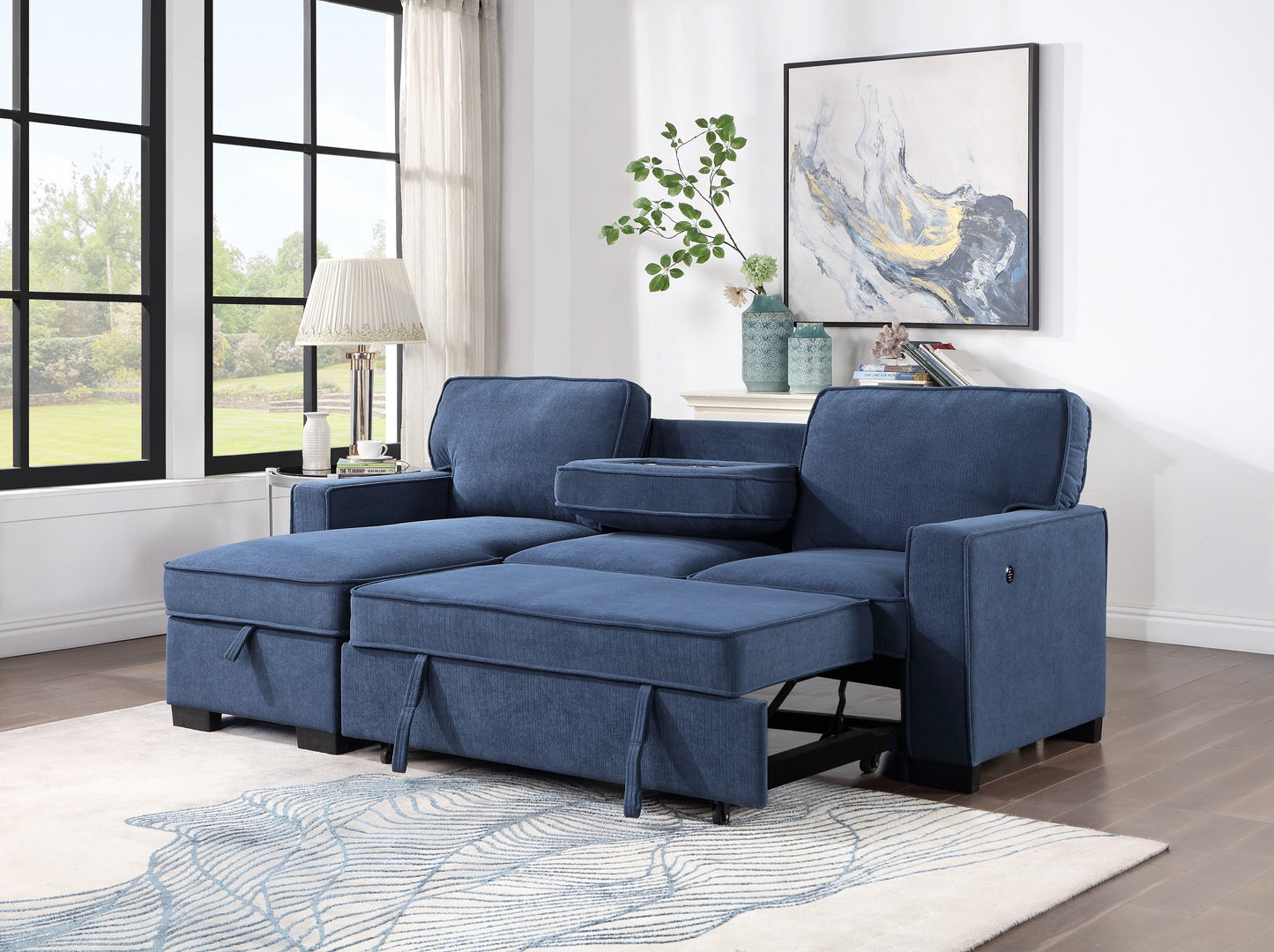 BLUE SLEEPER SECTIONAL WITH STORAGE & CUPHOLDER