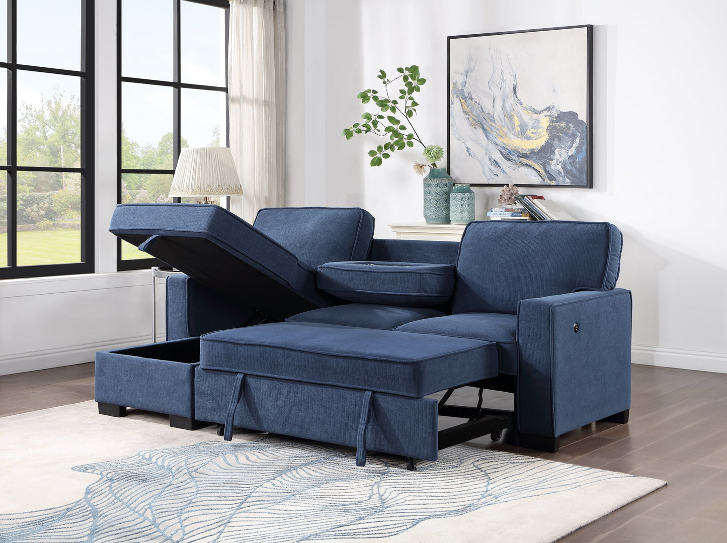 BLUE SLEEPER SECTIONAL WITH STORAGE & CUPHOLDER