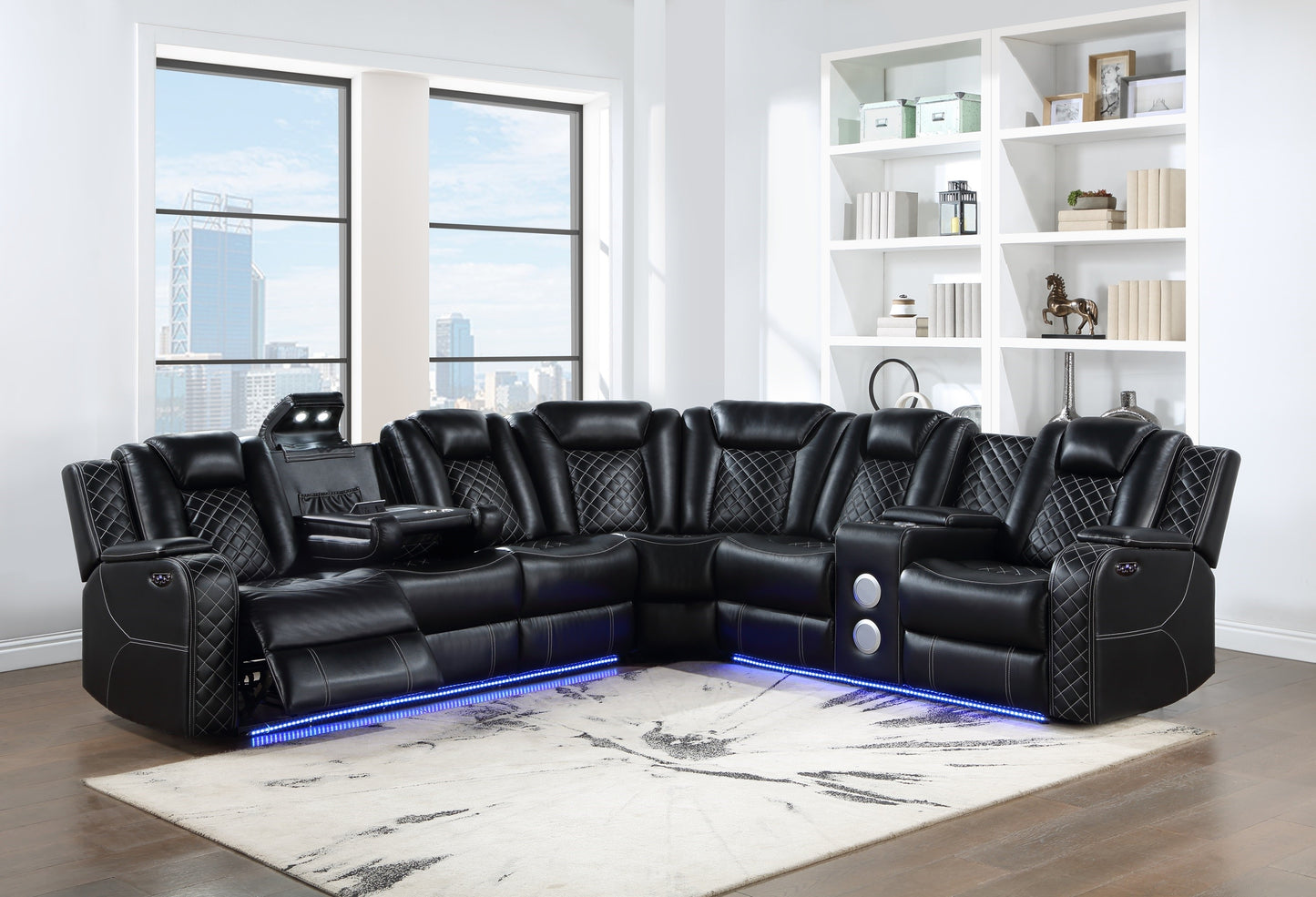 BLACK HI-TECH POWER RECLINING SECTIONAL WITH LED & SPEAKERS