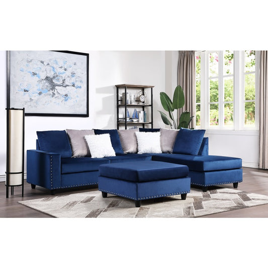 BLUE VELVET REVERSIBLE SECTIONAL & OTTOMAN