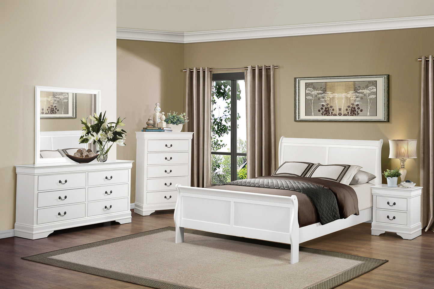 QUEEN WHITE LOUIS PHILIPPE SLEIGH BEDROOM (B,D,M,N)