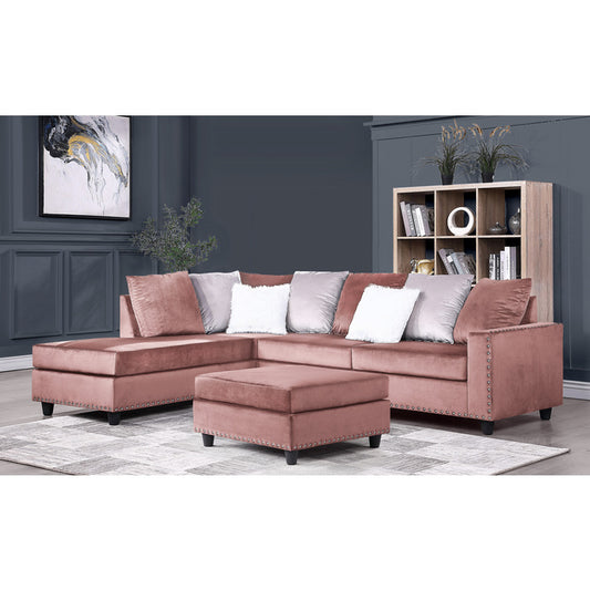 PINK VELVET REVERSIBLE SECTIONAL & OTTOMAN